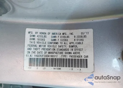2013 Honda Accord Lx from USA, damaged, VIN 1HGCR2F38DA188512